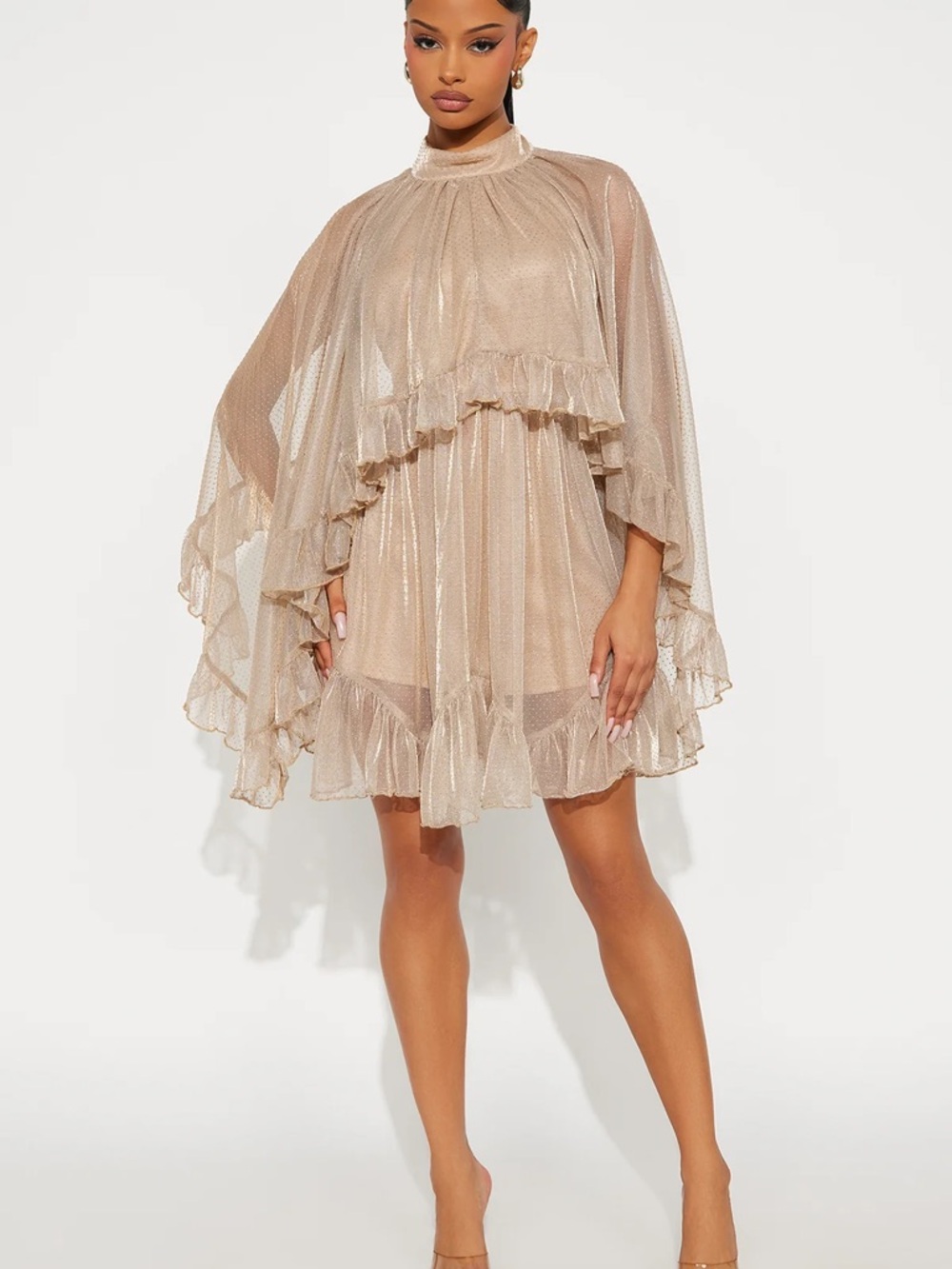 Sheer Ruffle Metallic Gold Mini Dress
